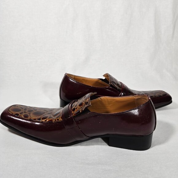 Vintage BALLY Rockabilly Red Wine Patent Leather Brown Crocodile Loafers Size 9. - Picture 14 of 17